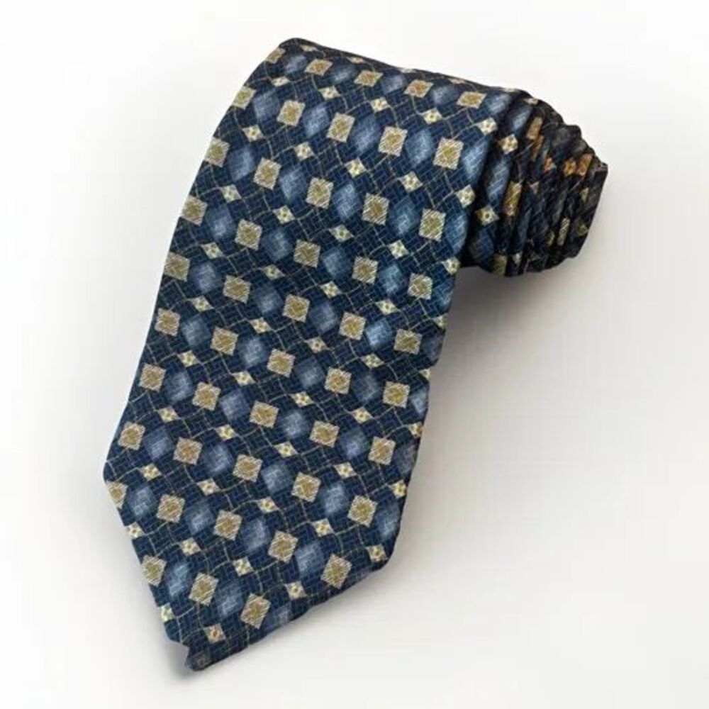 Vintage Henry Grethel Silk Tie Blue Geometric Pattern 58" X 3.75"